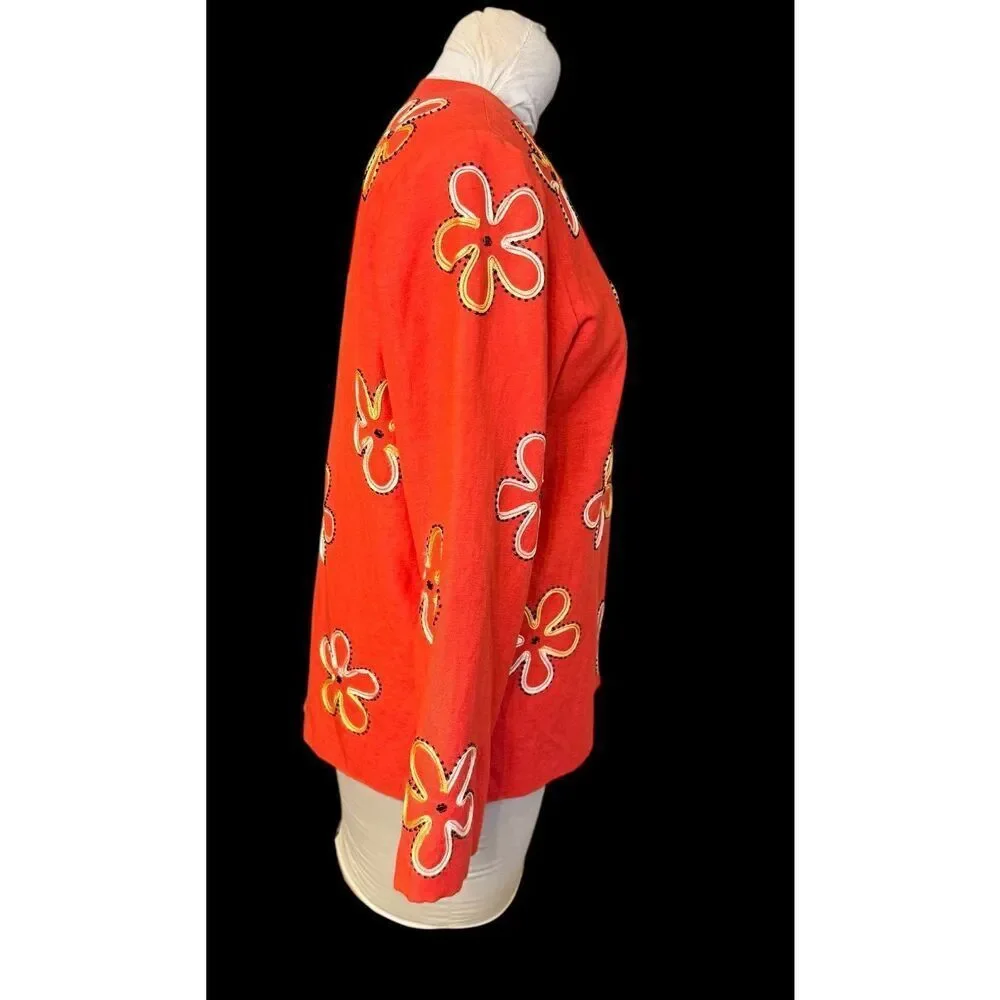 Coldwater Creek Linen Blend Jacket Medium Flower Embroidery All Over Button Fron